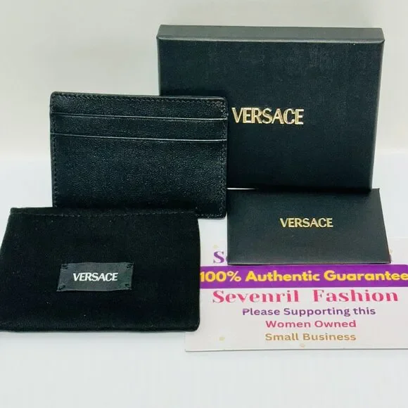 Versace Medusa Silver Biggie Black Leather Credit Card Holder NWT